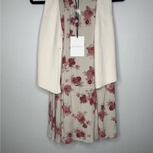 5 for 45!!!💗Pink Rose Cream Dress with Pink Rose Print and Ivory Cardigan